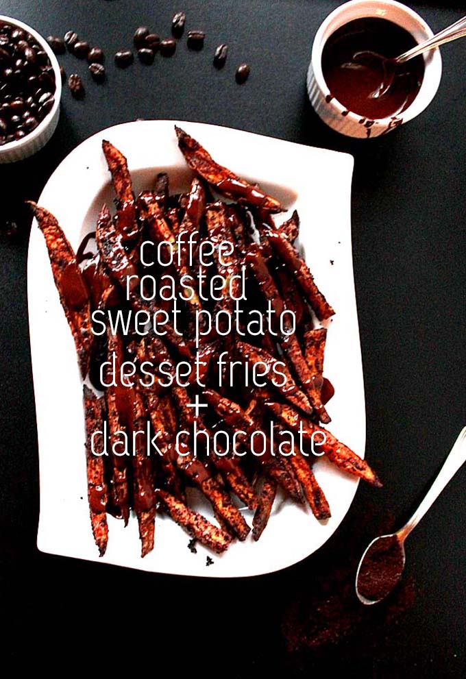 Coffee Roasted Sweet Potato Dessert Fries Drizzled with Dark Chcocolate. An unexpected, yet delicious dessert. #SweetPotato #Chocolate