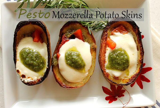 Pesto and mozzerella stuffed potato skins. Easy. #GlutenFree