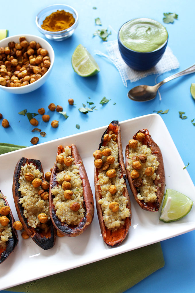 Coconut Quinoa Stuffed Sweet Potato Boats with Cilantro Lime Cashew Sauce. Fun, healthy appetizers or filling enough for a meal. #Glutenfree