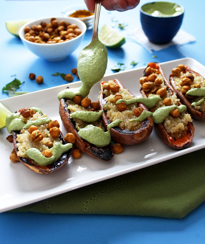 Coconut Quinoa Stuffed Sweet Potato Boats with Cilantro Lime Cashew Sauce. Healthy meal or appetizer. #glutenfree