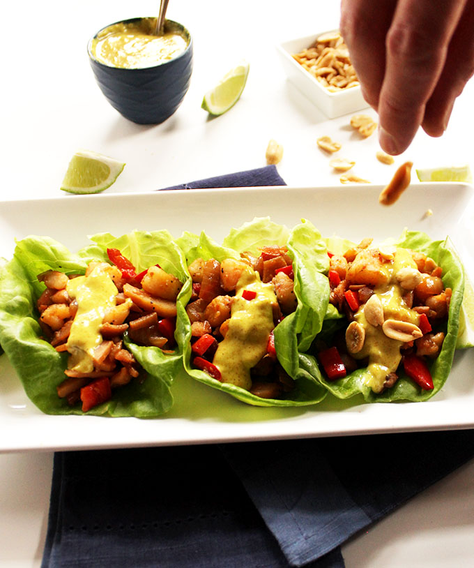 Shrimp Lettuce Wraps with Coconut Curry Sauce. A quick, easy meal that is healthy and delicious. #glutenfree