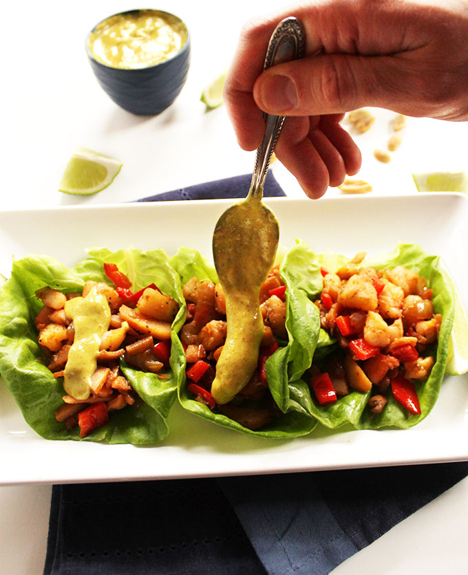 Shrimp Lettuce Wraps with Coconut Curry Sauce. Simple. Bursitng with flavor. Light and healthy! #glutenfree