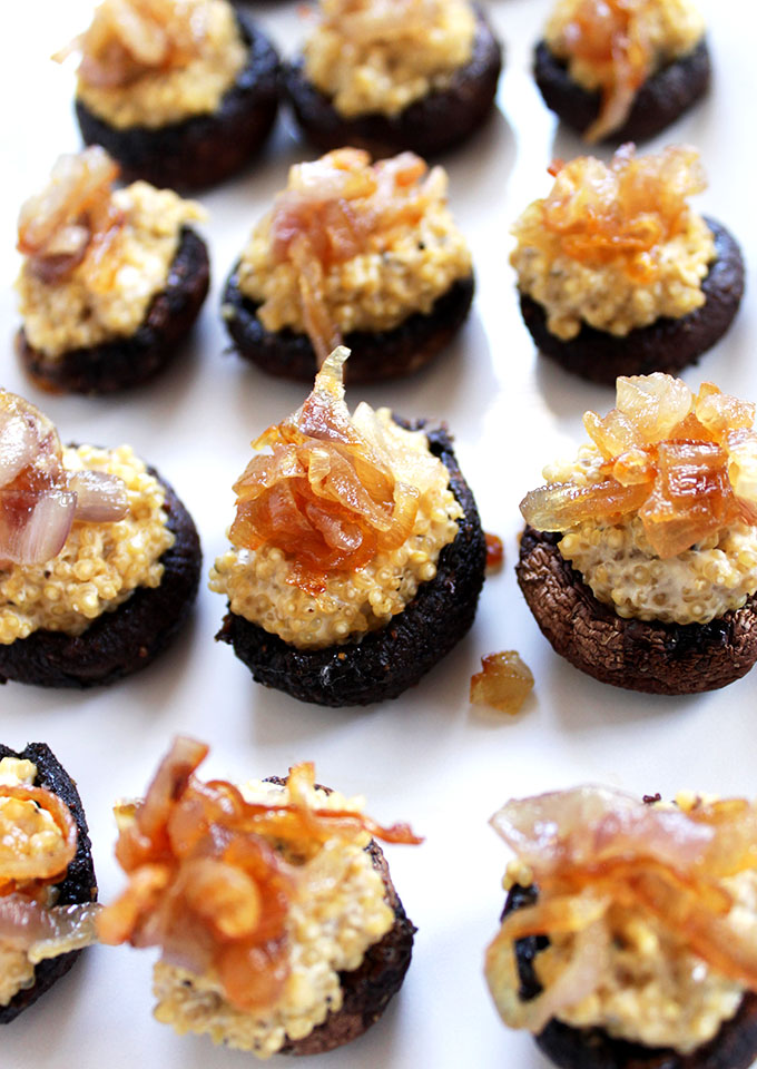 Quinoa Stuffed Mushroom Caps with Caremilized Shallots. Simple. Delicious. The perfect appetizer. #glutenfree #vegetarian