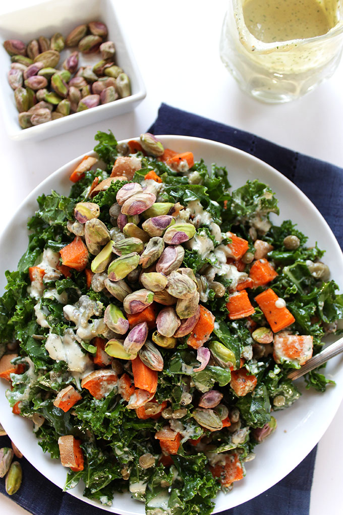 Warm Lentil and Sweet Potato Kale Salad with Creamy Tahini Dill Dressing. So satisfying and filling. #vegan #glutenfree