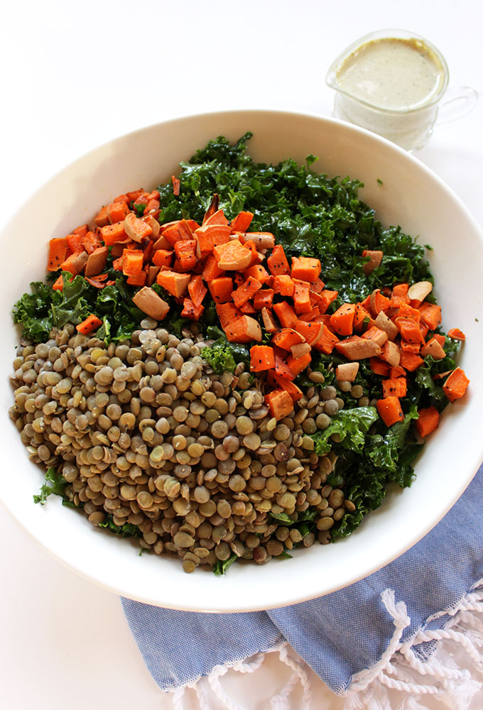 Warm Lentil and Sweet Potato Kale Salad. A comple Vegan meal. #vegan #glutenfree
