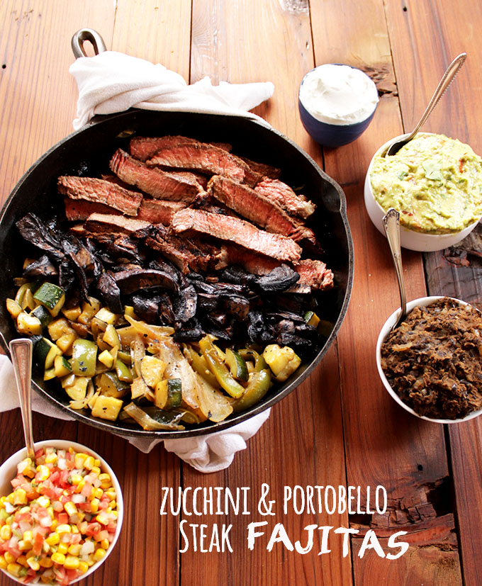 Zucchini and Portobello Mushroom Fajitas. Juicy, tender, steak that has been grilled. Sauteed mushrooms, zucchini, and peppers. Simple, and flavorful fajitas recipe! We love this recipe in the spring! Gluten Free | robustrecipes.com