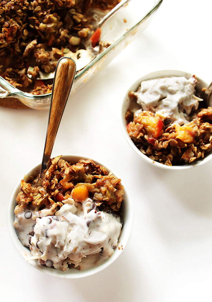 Rhubarb Peach Crisp. Perfect for Spring-time. Sweet and tart with the perfect amount of crisp. #vegan #glutenfree