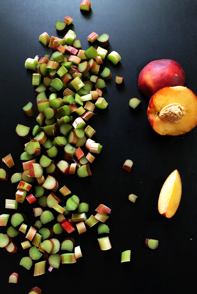 Rhubarb Peach Crisp. Tart, sweet, and crispy. #glutenfree #vegan