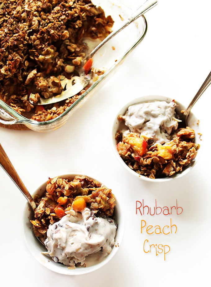 Rhubarb Peach Crisp. The perfect dessert for spring or early summer. Tart and sweet! #vegan #glutenfree