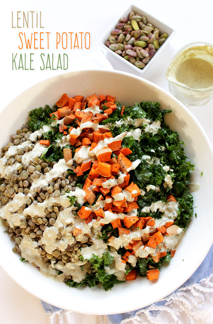 Warm Lentil and Sweet Potato Kale Salad with Creamy Tahini Dill Dressing. Filling. Complete vegan meal. Delicious warm or col. #vegan #glutenfree