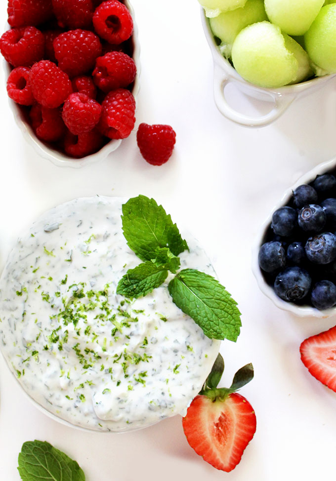Coconut Mojito Fruit Dip. A refreshing fruit dip. Coconutty, minty, with a hint of lime and just the right amount of sweetness. #glutenfree #vegan #refinedsugarfree
