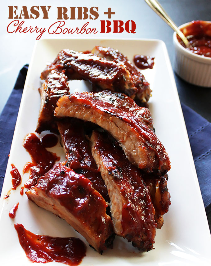 Easy Ribs with Cherry Bourbon BBQ Sauce. Fall-off-the-bone good. Perfect for summer. #refinedsugarfree