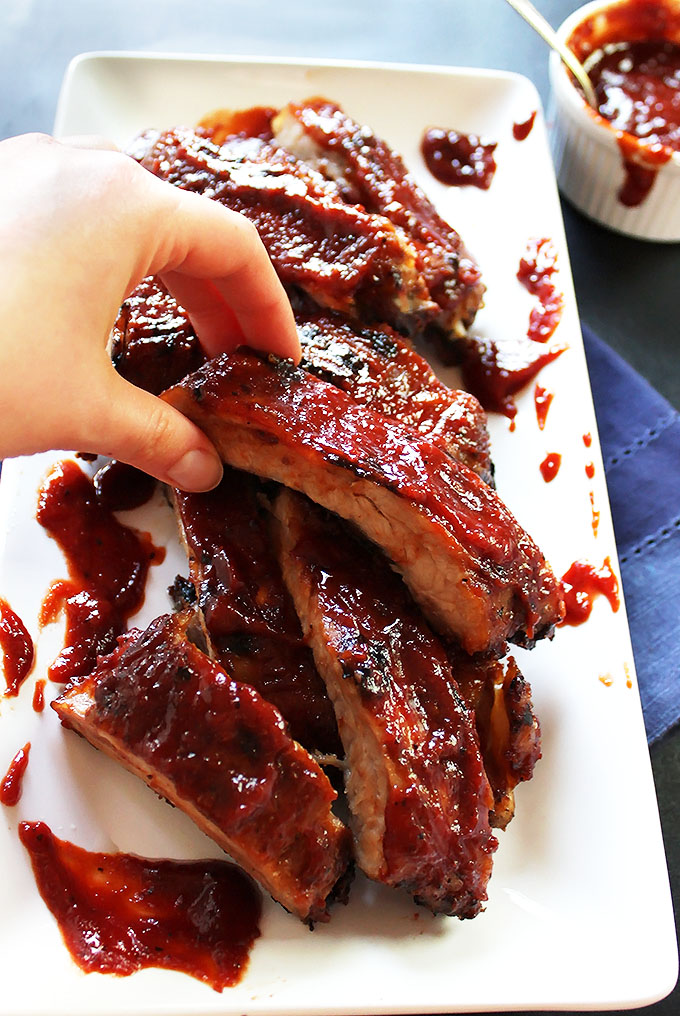 Easy Ribs with Cherry Broubon BBQ Sauce. Simple to make. The perfect summertime meal. #ribs