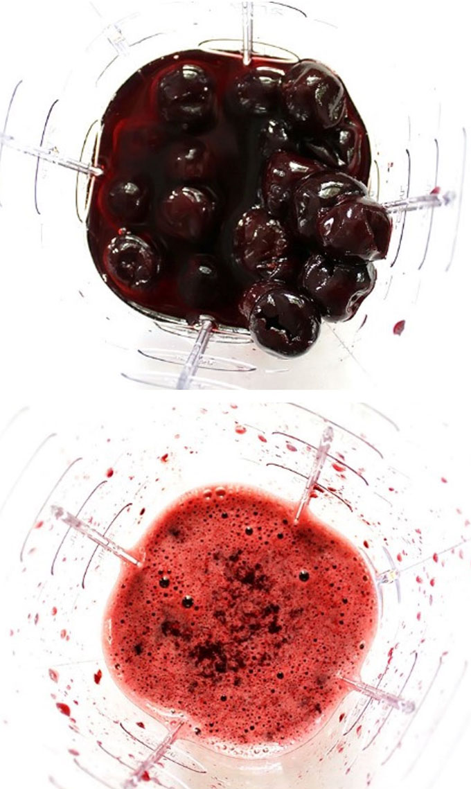 Puree frozen cherries to make cherry limeade. Simple to mkae. Refreshing. #glutenfree #vegan #refinedsugarfree