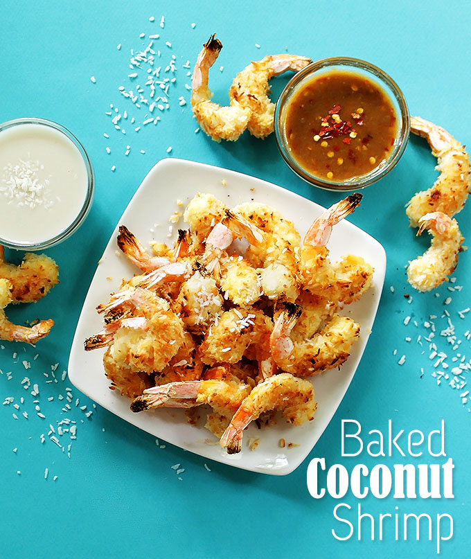 Baked Coconut Shrimp with 2 dipping sauces. No frying required! Crispy, coconutty! The perfect summertime meal! #glutenfree #shrimp | robustrecipes.com