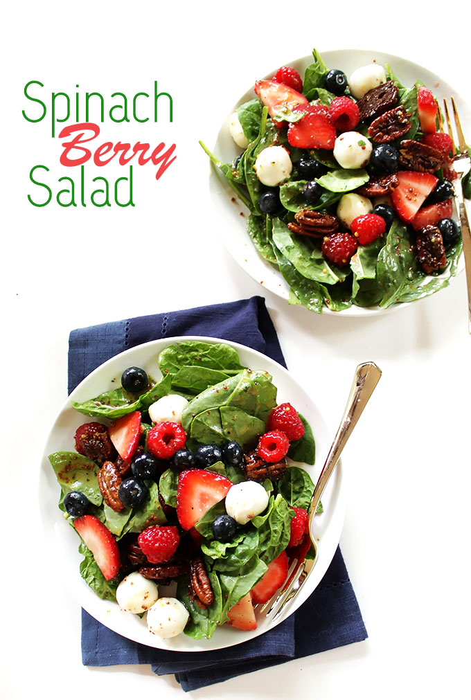 Berry Spinach Salad with Honey Mustard Vinniagrette. So Easy to make. Refreshing, satisfying and summery. #vegetarian #glutenfree #salad