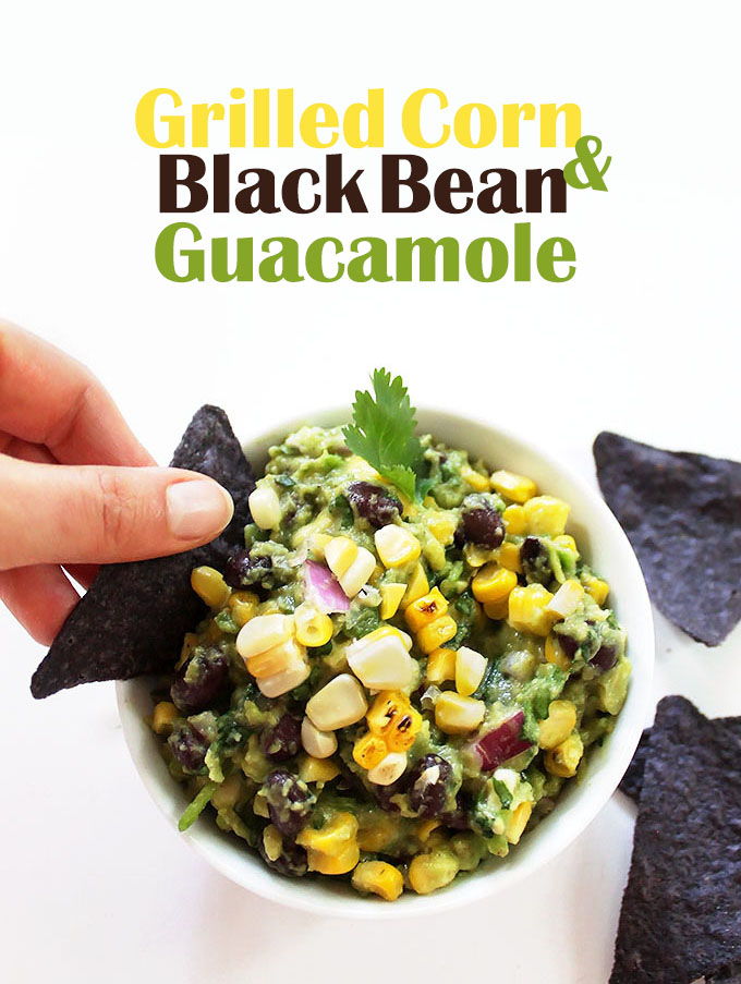 Grilled Corn and Black Bean Guacamole. Filled with sweet, smoky corn and velvety black beans. Only requires 9 ingredients! #vegan #glutenfree #guacamole #recipe | robustrecipes.com