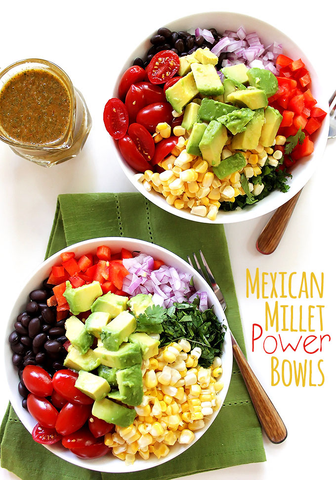 Mexican Millet Power Bowls with Chipotle Lime Vinaigrette. So easy to make. Bursting with fresh veggies and flavor! #vegan #glutenfree | robustrecipes.com