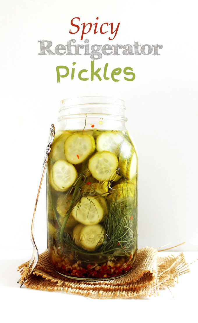 Spicy Refrigerator Pickles. Simple to make. Crunchy, refreshing. Spicy. No canning required. #vegan #glutenfree