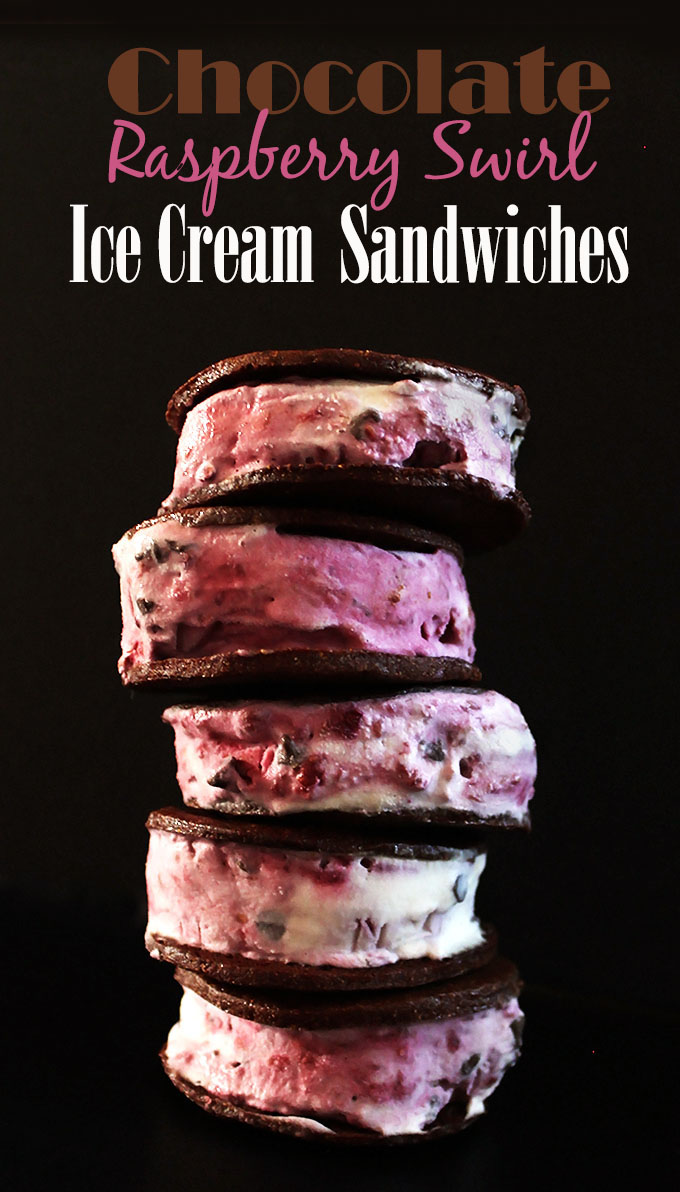 Chocolate raspberry swirl ice cream sandwiches. Crunchy cookies, melty raspberry ice cream. Delicious. Easy to make! #vegan #glutenfree #icecream | robustrecipes.com