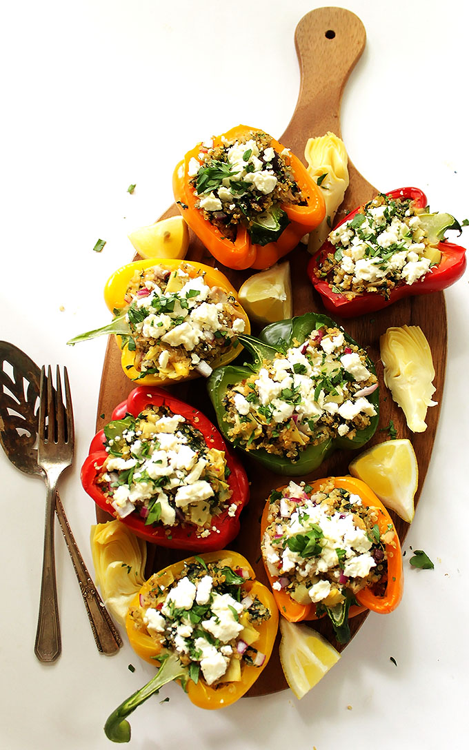 Greek Quinoa Stuffed Peppers. Easy to make. Meal-in-one. Super filling. #glutenfree #recipe | robustrecipes.com