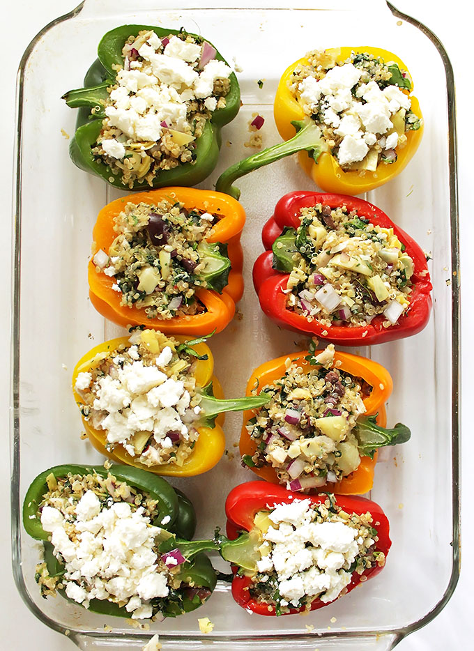 Greek Quinoa Stuffed Peppers. Simple to make. Filling, flavorful, healthy meal. #glutenfree #meal | robustrecipes.com