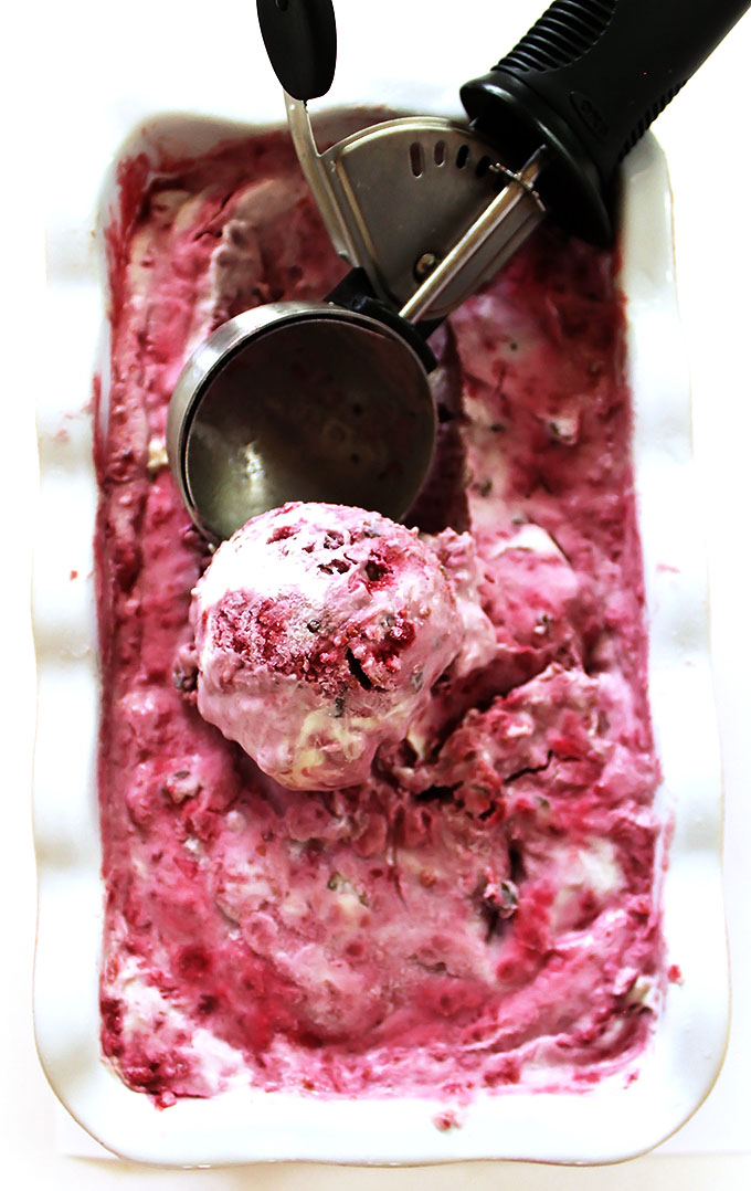 Raspberry swirk chocolate chip ice cream. Creamy, dreamy, delicious. Bursting with raspberry flavor. So simple to make. #vegan #refinedsugarfree #icecream | robustrecipes.com