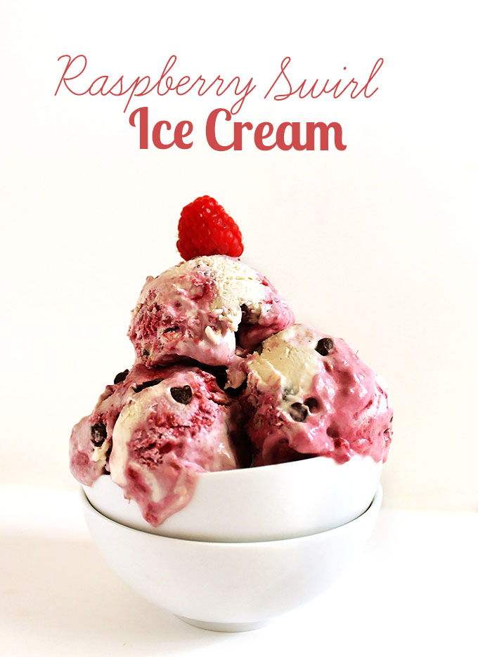 Raspberry swirl chocolate chip ice cream. Bursting with raspberry flavor. #vegan #refinedsugarfree #icecream | robustrecipes.com