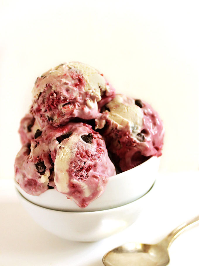 Raspberry swirl chocolate chip ice cream. Easy to make. Creamy. Bursting with raspberry! #vegan #icecream #refinedsugarfree | robustrecipes.com