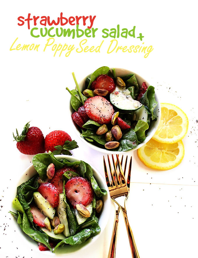 Strawberry Cucumber Salad with Creamy Lemon Poppy Seed Dressing. A simple, easy, refreshing summertime side salad. #vegetarian #salad #glutenfree | robustrecipes.com