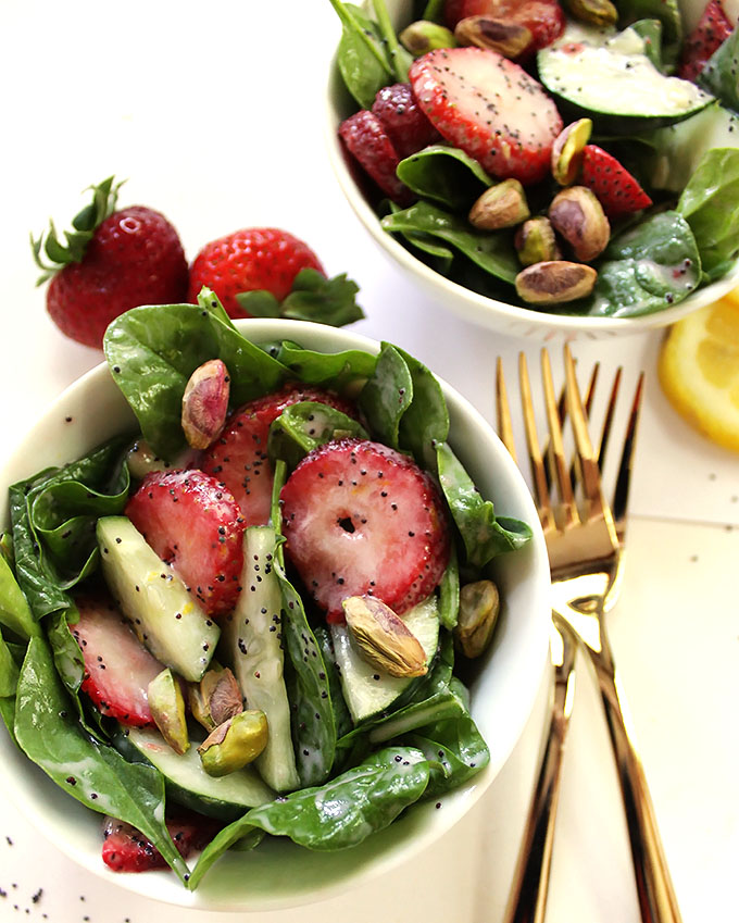 Strawberry cucumber salad with creamy lemon poppy seed dressing. A refreshing summertime salad. #vegetarian #salad | robustrecipes.com
