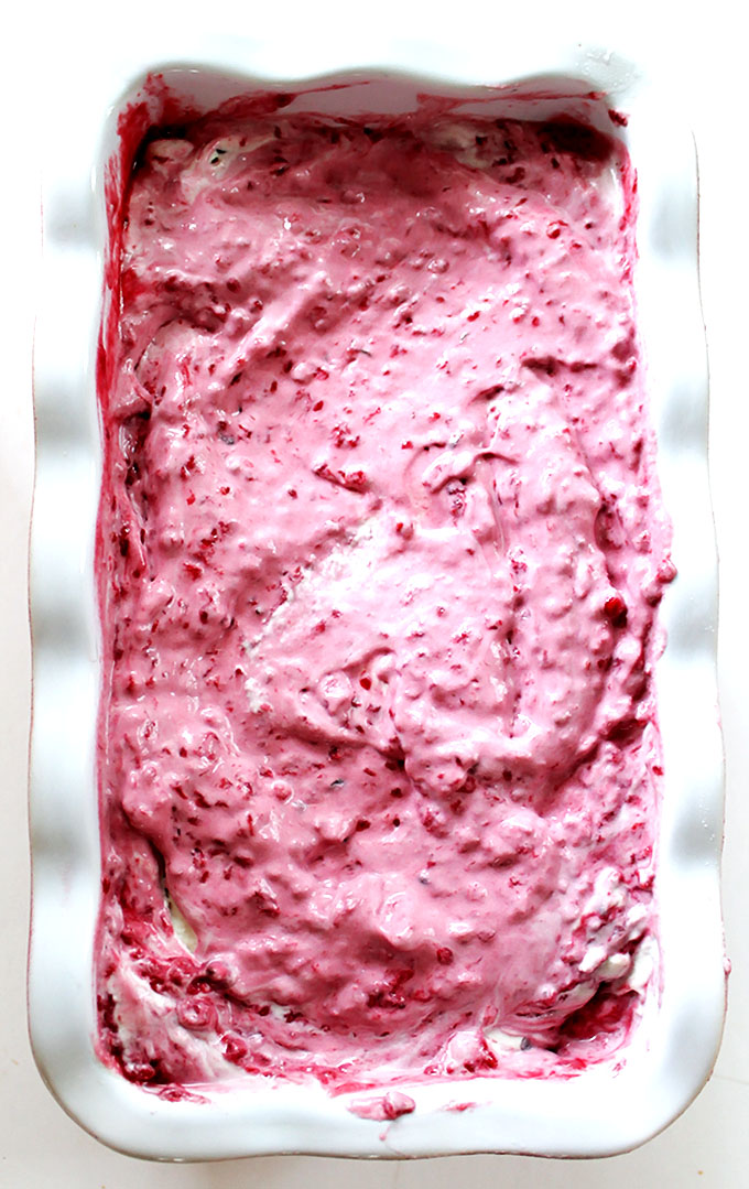 Time to freeze raspberry swirl chocolate chip ice cream. Bursting with raspberry flavor. #vegan #refinedsugarfree #icecream | robustrecipes.com