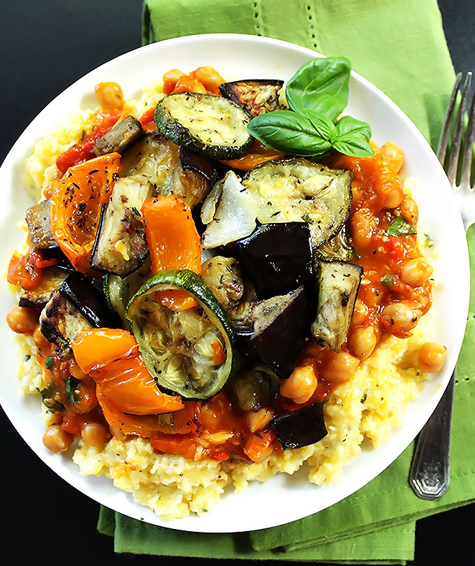 Roasted Ratatouillie with Polenta. A delicious, easy, veggie packed meal! #glutenfree #vegetarian | robustrecipes.com