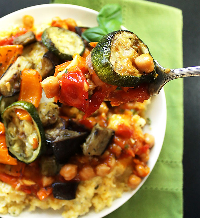 Roasted Ratatouillie with Polenta. Veggie packed! Delicious and easy to make! #vegan #glutenfree  | robustrecipes.com