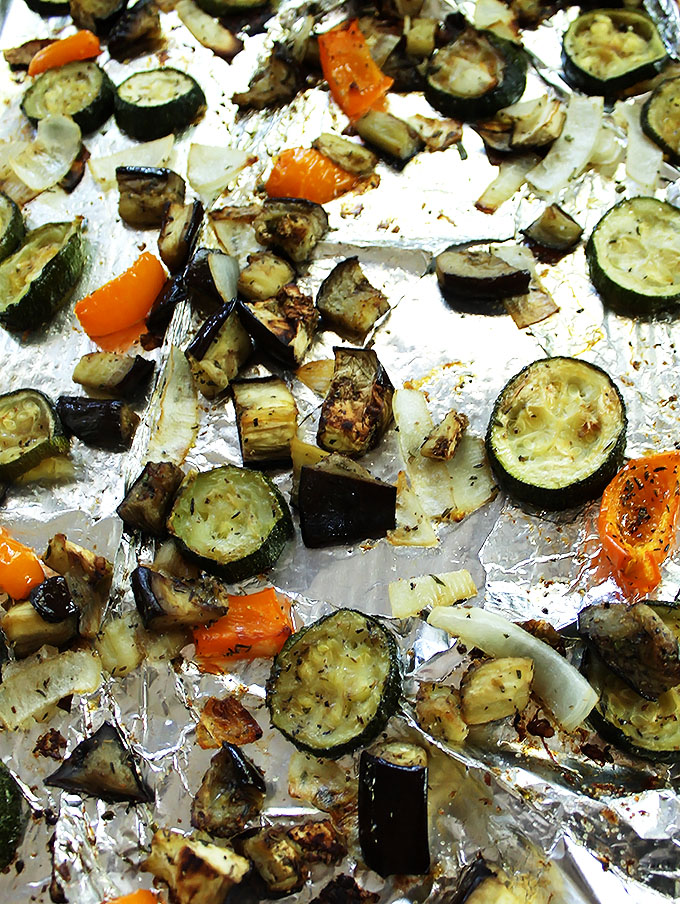 Roasted zucchini, eggplan, onion, and bell peppers for Ratatouillie.  | robustrecipes.com
