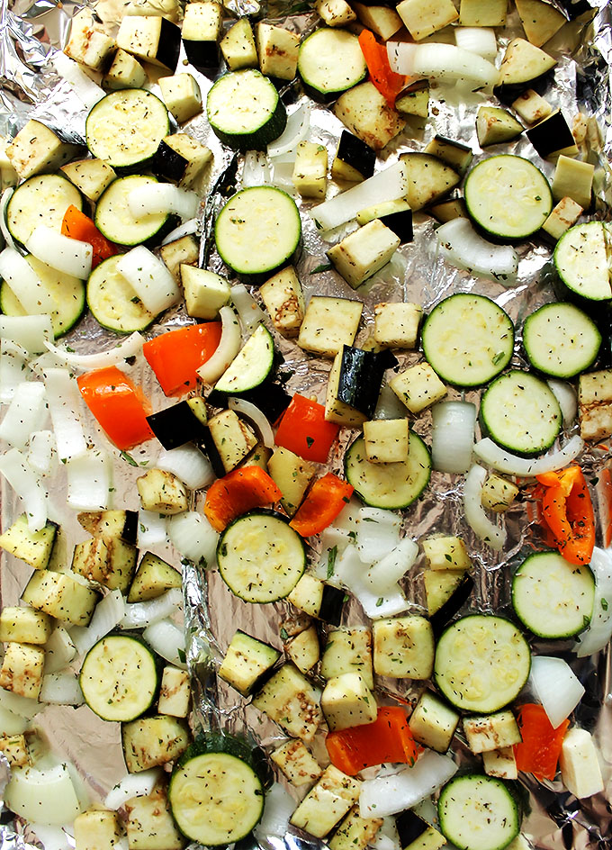 Roasting onion, zucchini, eggplant, bell peppers for Ratataouillie! #vegetarian #glutenfree  | robustrecipes.com