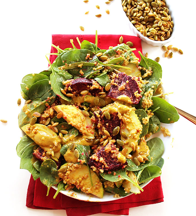 Green Apple Beet Spinach Salad with Curry Dressing. A powerhouse of healthy foods! #vegan #glutenfree