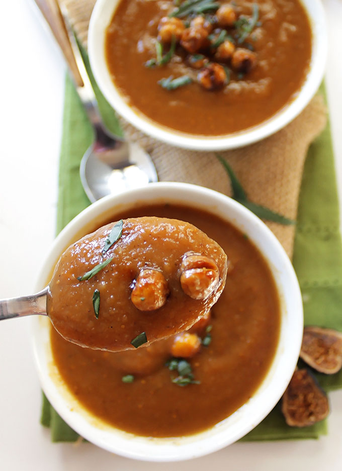 Roasted Sweet Potato Fig Soup with Crispy Chickpeas. Rich, luxurious, sweet, easy! #glutenfree #soup | robustrecipes.com