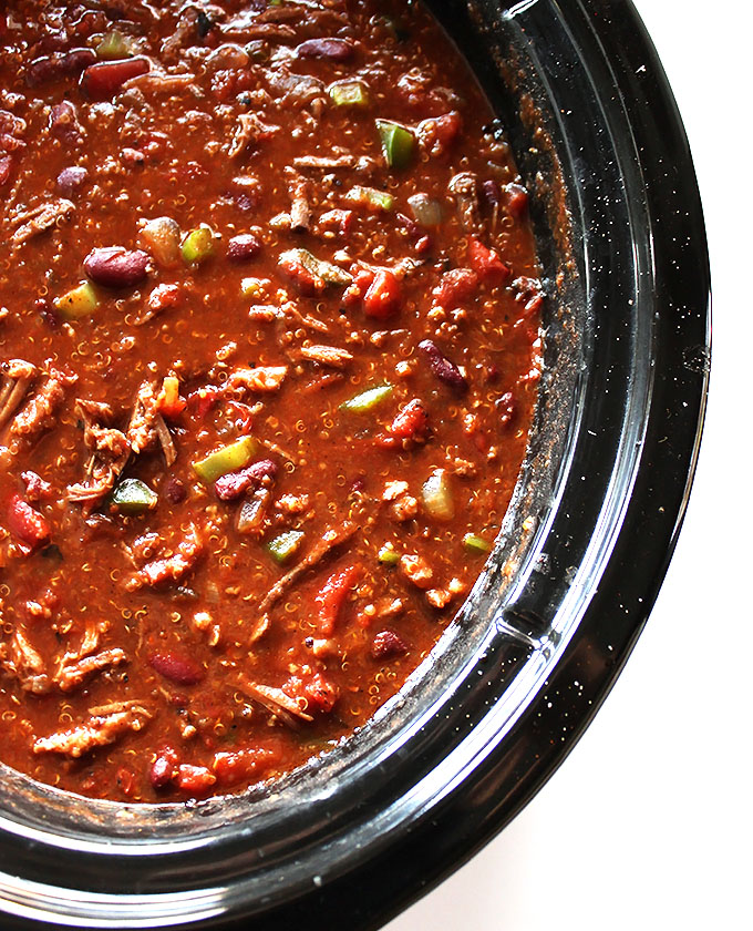 Slow Cooker Smoky Pork Chili. So easy to make. Dump in ingredients and turn on slow cooker! #soup