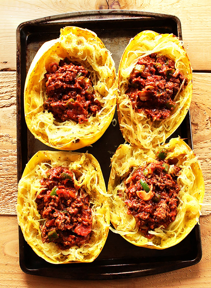 Spaghetti Squash with Meat Sauce. A delicious, low-carb option for pasta night! #glutenfree #lowcarb