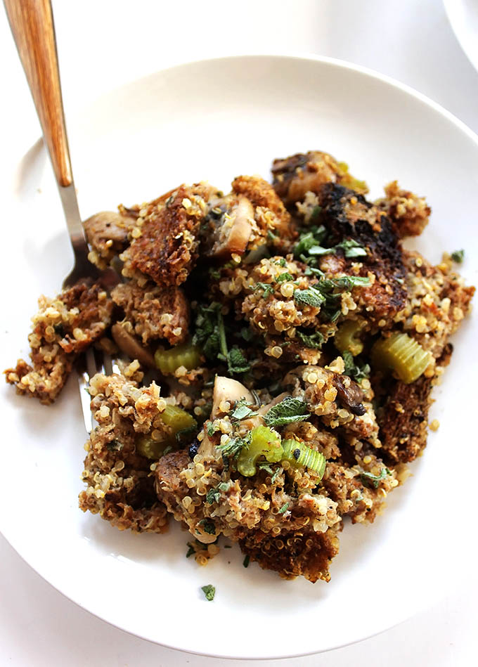 Healthier stuffing for Thanksgiving. Made with Ezekiel bread and quinoa. Hearty, filling, yummy!