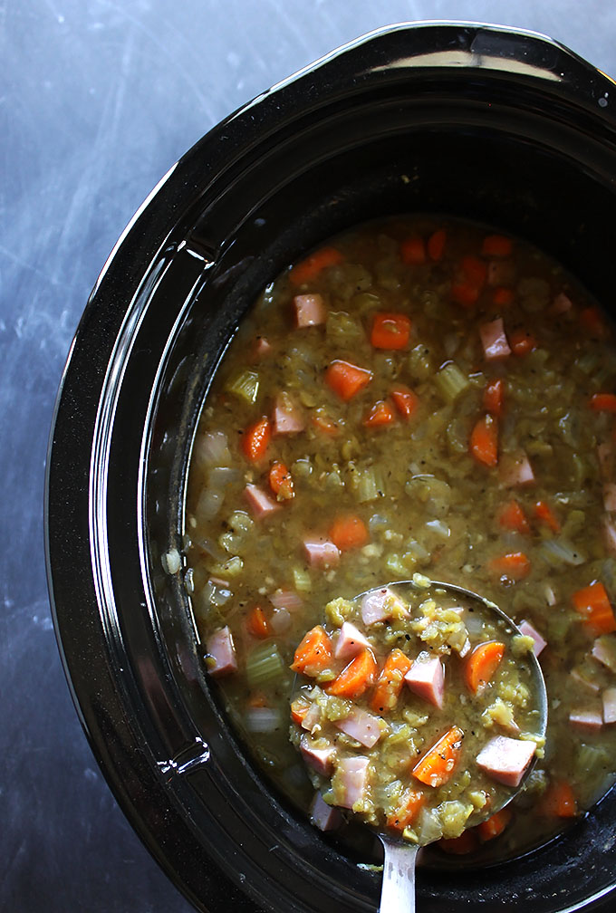 Slow Cooker Split Pea and Ham Soup. Delicious, healthy, easy weeknight meal. Perfect for cold fall days!