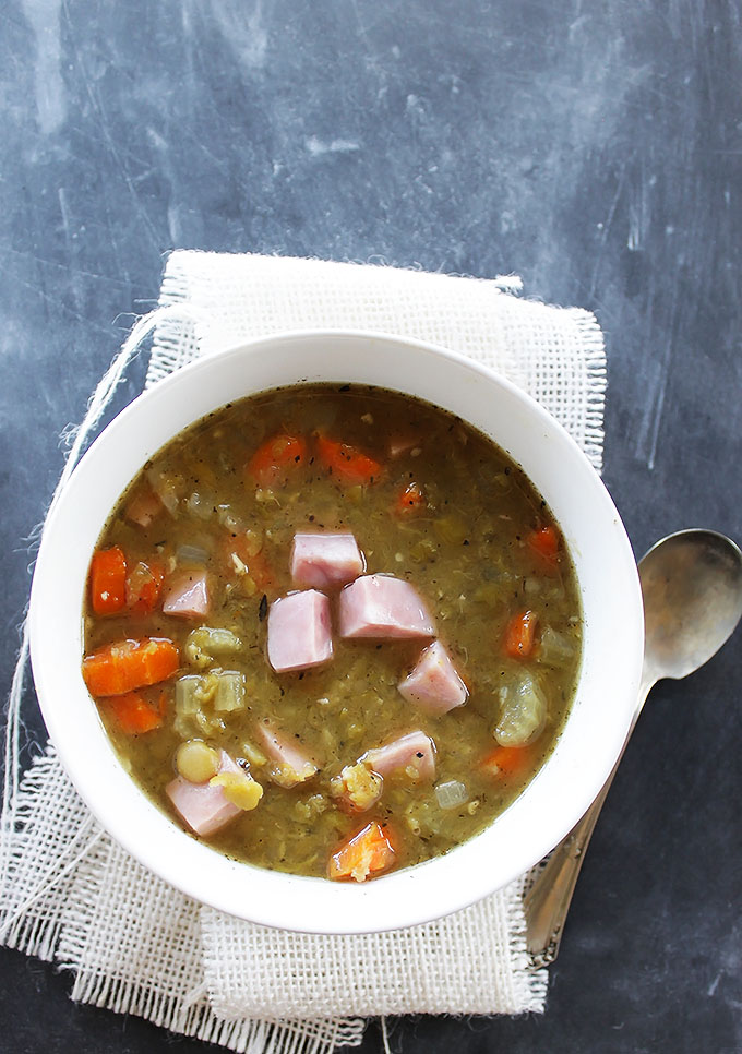 Slow Cooker Split Pea and Ham Soup. Simple, easy, weeknight meal! Filling, hearty, healthy!
