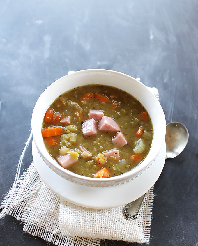Slow Cooker Split Pea and Ham Soup. Super EASY weeknight meal. Warming, hearty, and healthy!