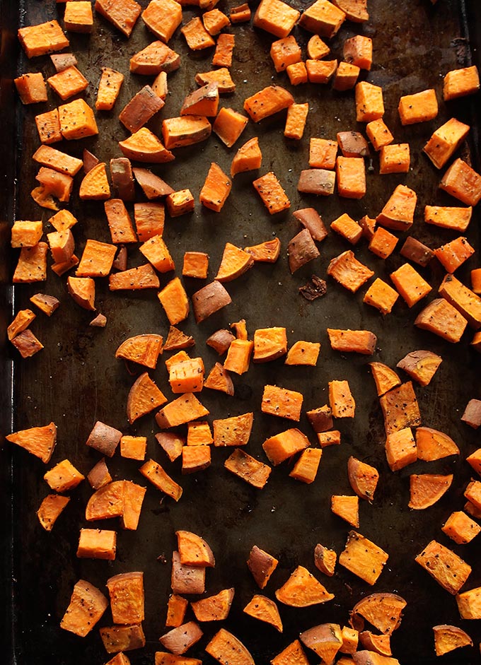 Roasted Sweet Potatoes for Roasted Veggies and Wild Rice Power Salad. So filling, so healthy!