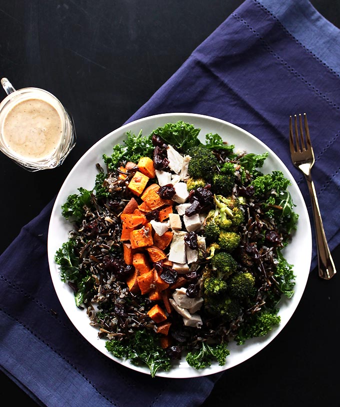 Roasted Veggie and Wild Rice Power Salad. A great way to use up leftover turkey or chicken. Glutenfree!
