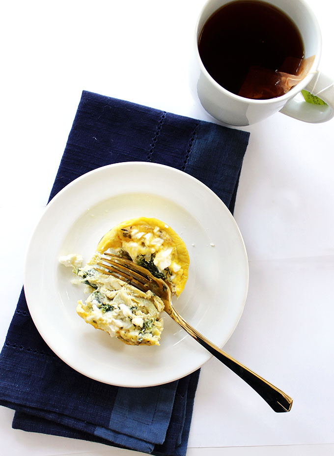 Mini Greek Frritatas. Artichoke hearts, spinach, feta cheese. An easy make ahead breakfast!