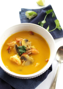Thai Sweet Potato Soup with Shrimp - A fun twist on the classic Thai soup. EASY recipe to make! So YUM! Gluten Free. | robustrecipes.com