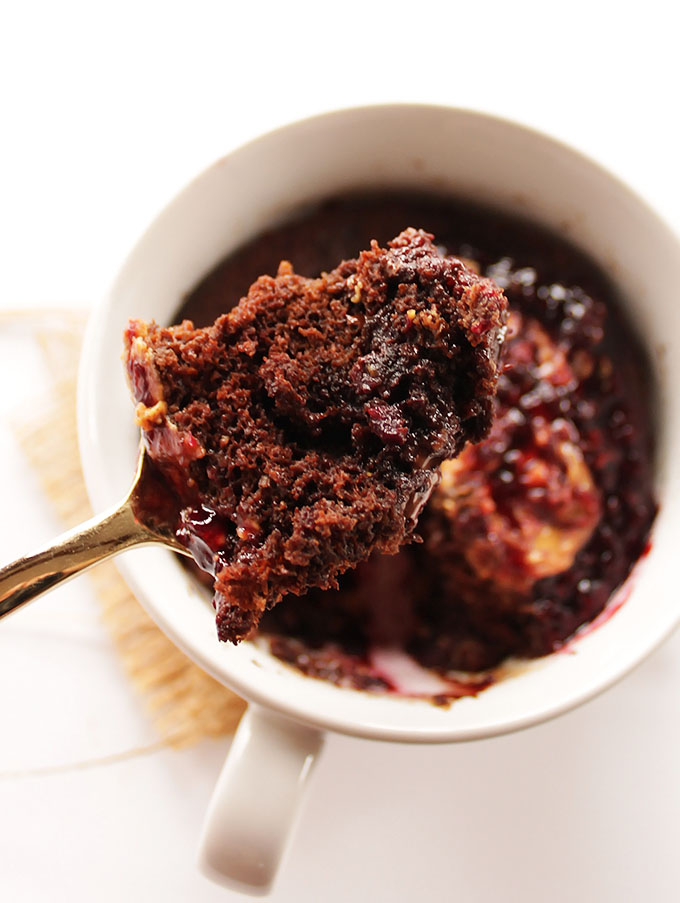 Peanut Butter and Jelly Chocolate Mug Cake - A single serving cake recipe that can be made in minutes! Rich, chocolate-y, moist cake with a peanut butter and jelly center! SO YUM! Gluten Free. | robustrecipes.com