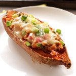 Sweet Potato Salmon Melts - Baked Sweet potatoes stuffed with creamy salmon salad and topped with melted cheese! An EASY recipe that's perfect for any weeknight meal. So nutritious! Gluten Free | robustrecipes.com